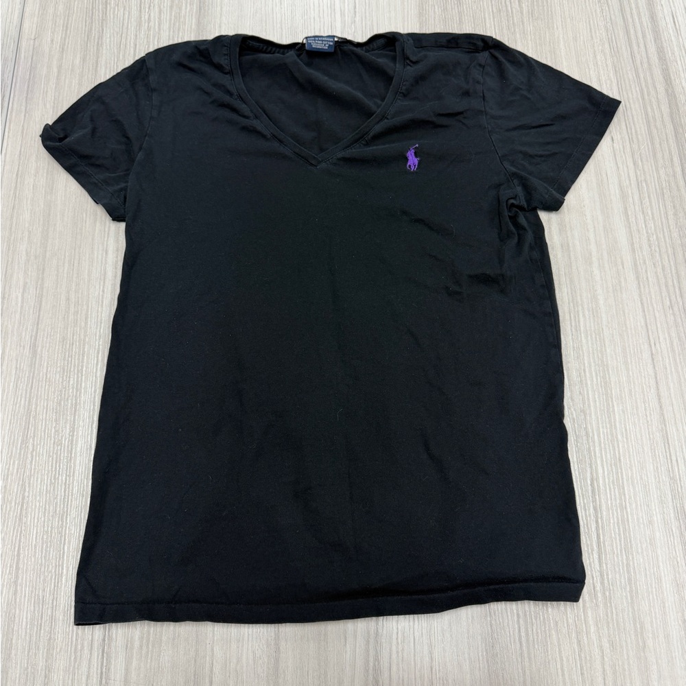 Ralph Lauren Black V-Neck Tee with Purple Logo